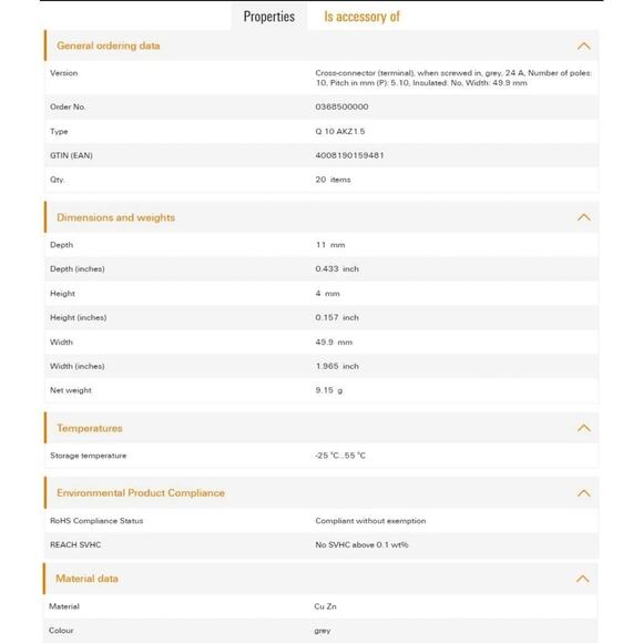 10 pcs WEIDMULLER Q 10 AKZ 1.5 036850 Cross-connector Terminal Grey NEW - Picture 4 of 5